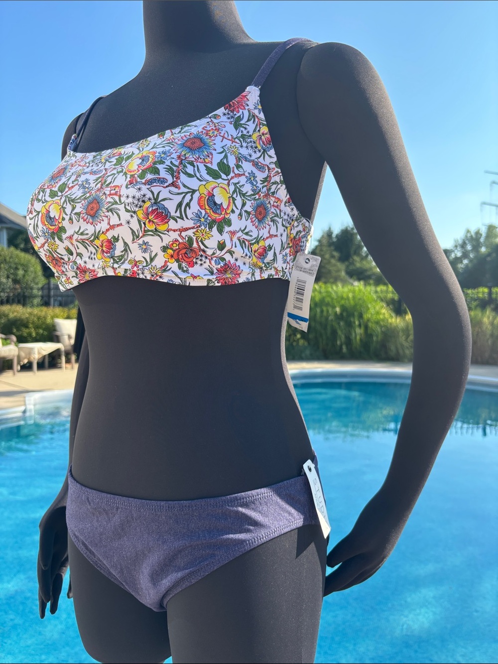 NWT Strappy back Blue Denim White Floral Bikini Set XL fit M 8 BC Cup szXL M L
